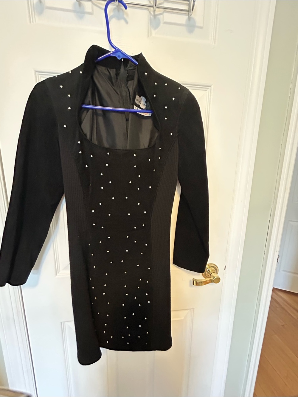Retro  Black suede leather  Studded Long Sleeve Scoop Neck Dress